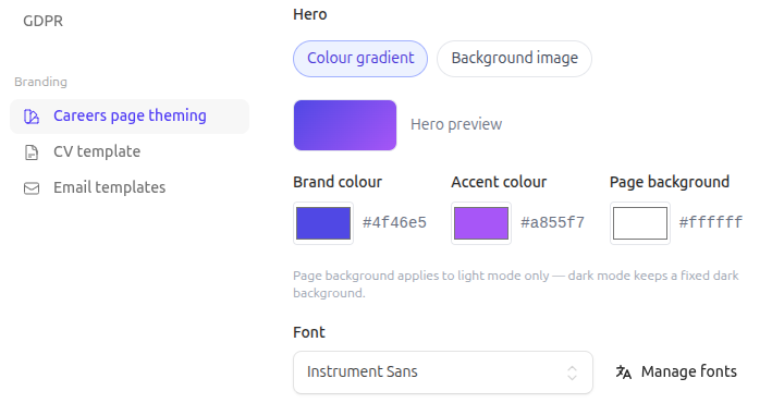 Settings and live preview next to each other on the jobpage-branding page