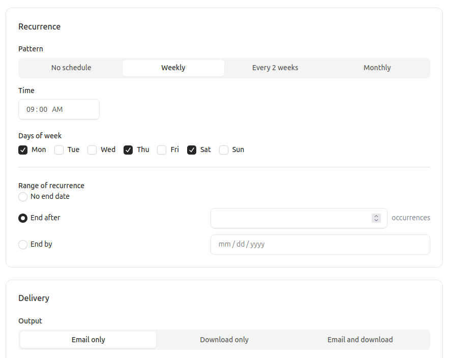 A scheduled report plan and its delivery history