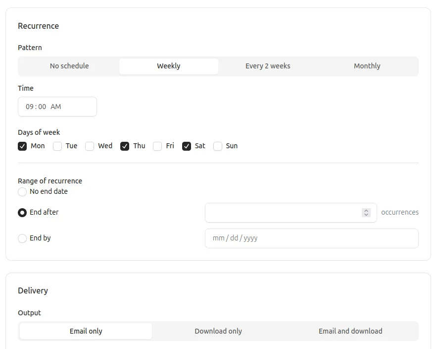 A scheduled report and its delivery history