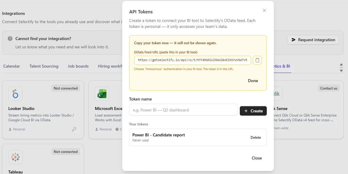 Per-tool token management on the Integrations page