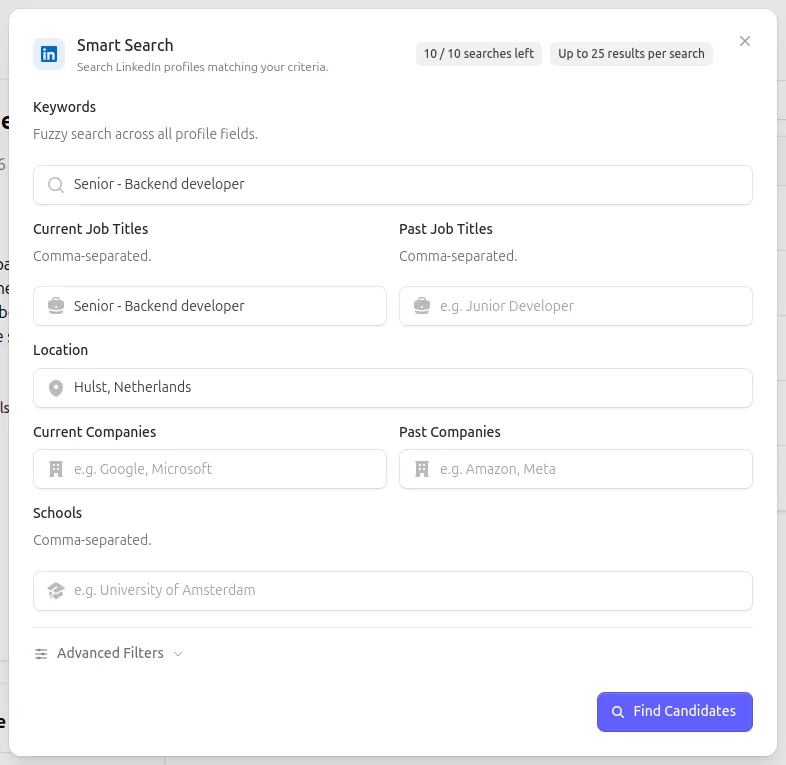 LinkedIn candidate search form